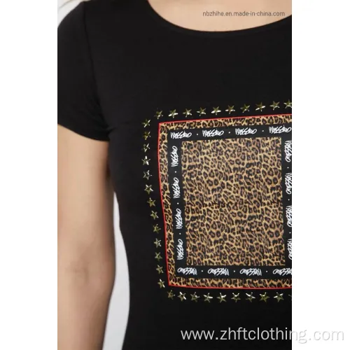 Womens Basic Leopard Print Short Sleeve T-Shirt